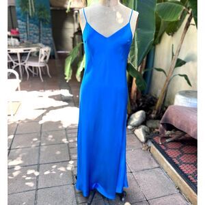 Beautiful People LA Bright Cobalt Blue 100% Silk V Neck Draped Maxi Dress Size S